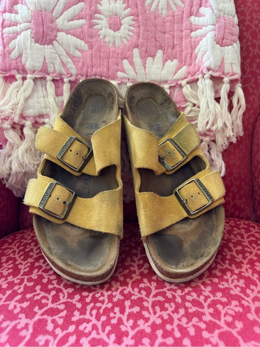 Birkenstock Arizona Soft Footbed Suede Sandals in Yellow, Size 40